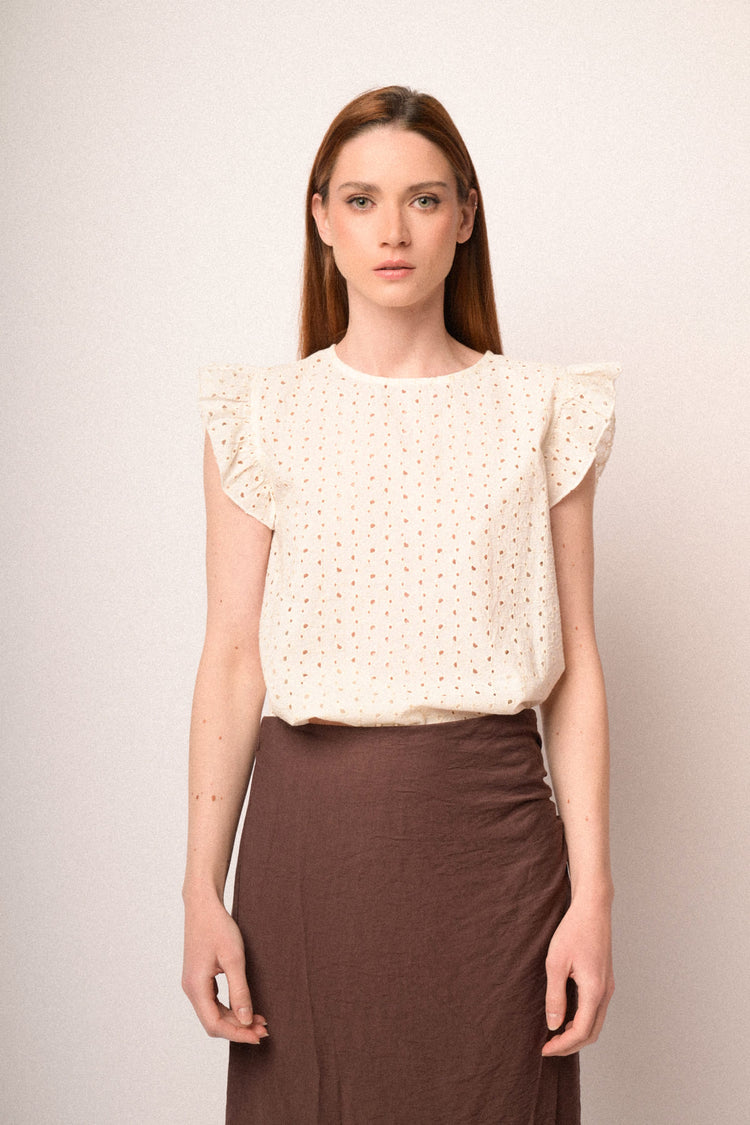 Beige broderie anglaise top with cap sleeves