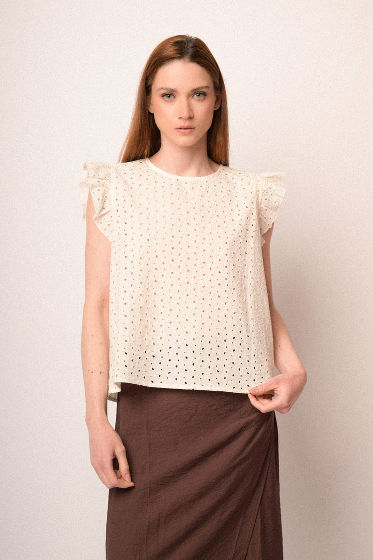 Beige broderie anglaise top with cap sleeves