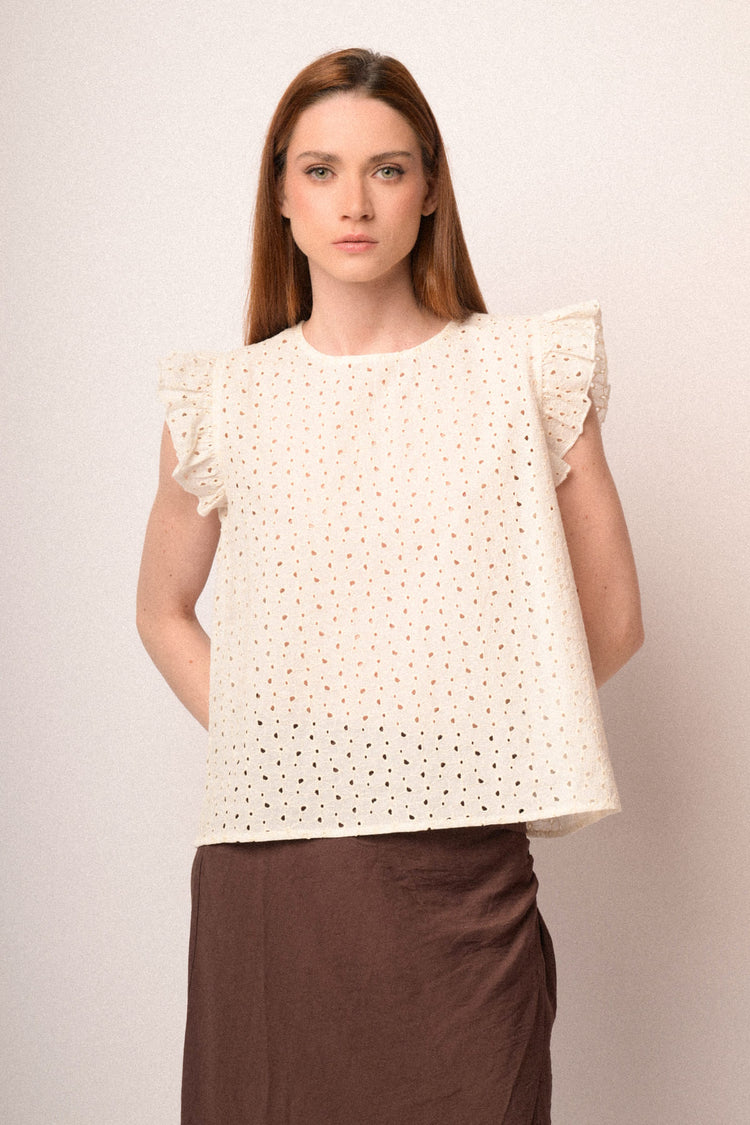 Beige broderie anglaise top with cap sleeves