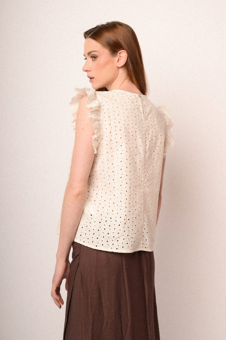 Beige broderie anglaise top with cap sleeves