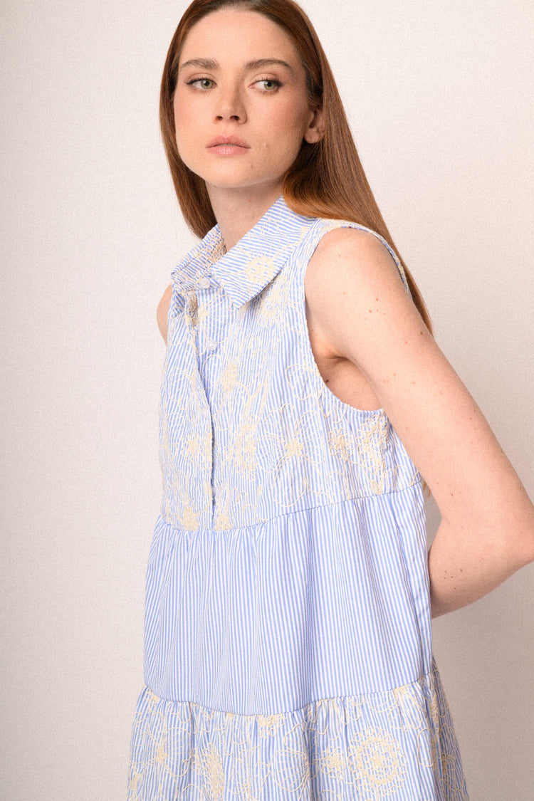 Light blue striped & embroidery tiered shirt mini dress