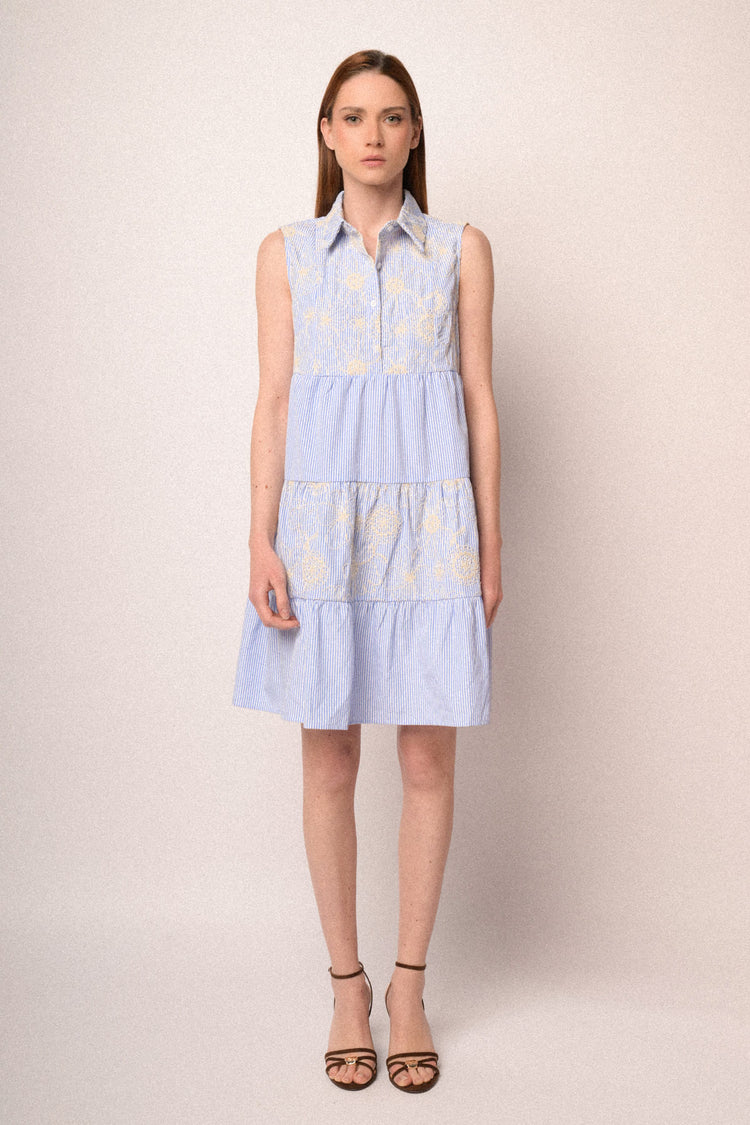 Light blue striped & embroidery tiered shirt mini dress