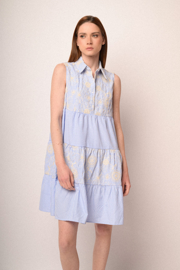Light blue striped & embroidery tiered shirt mini dress