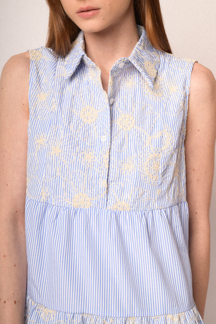 Light blue striped & embroidery tiered shirt mini dress