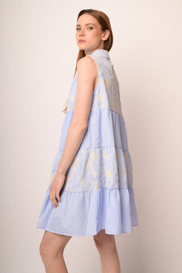Light blue striped & embroidery tiered shirt mini dress