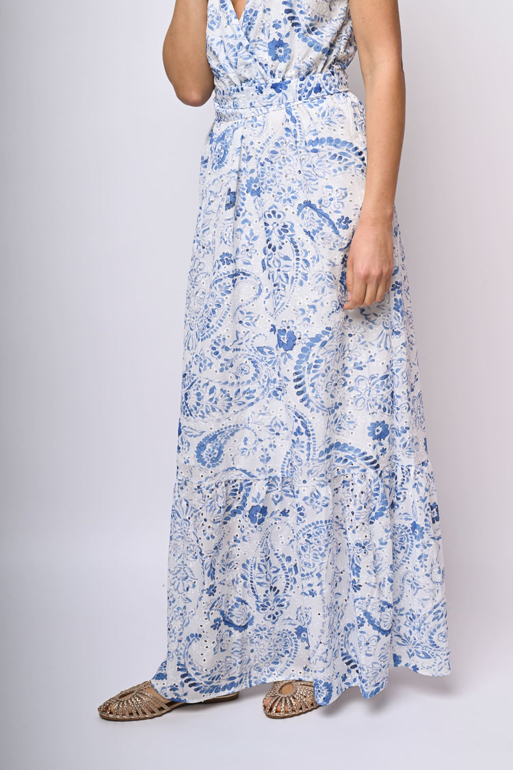 Paisley-floral broderie anglaise long dress