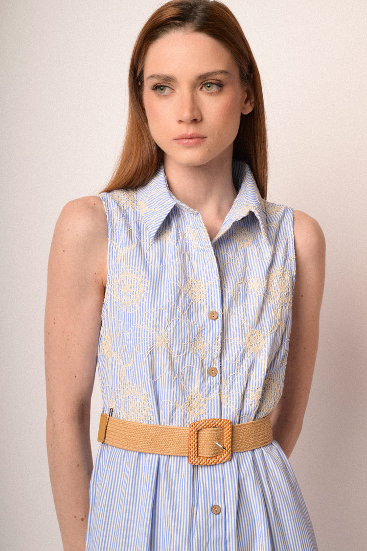 Light blue striped shirt dress with floral embroidery