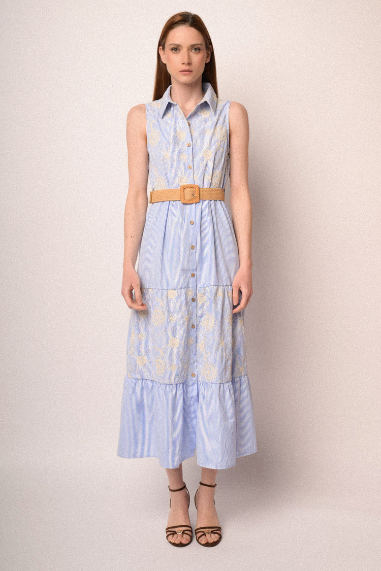 Light blue striped shirt dress with floral embroidery