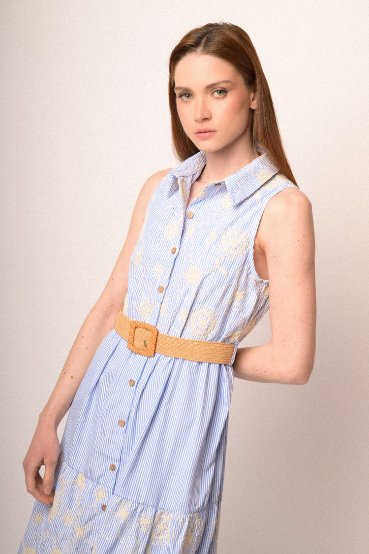 Light blue striped shirt dress with floral embroidery