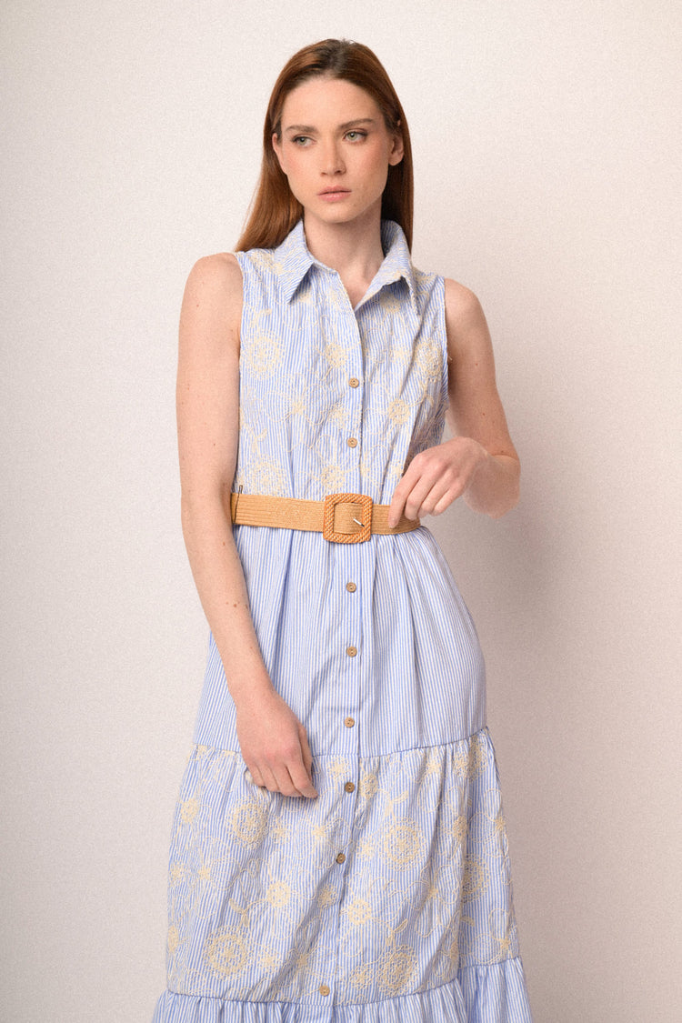 Light blue striped shirt dress with floral embroidery