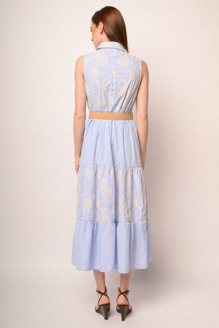 Light blue striped shirt dress with floral embroidery