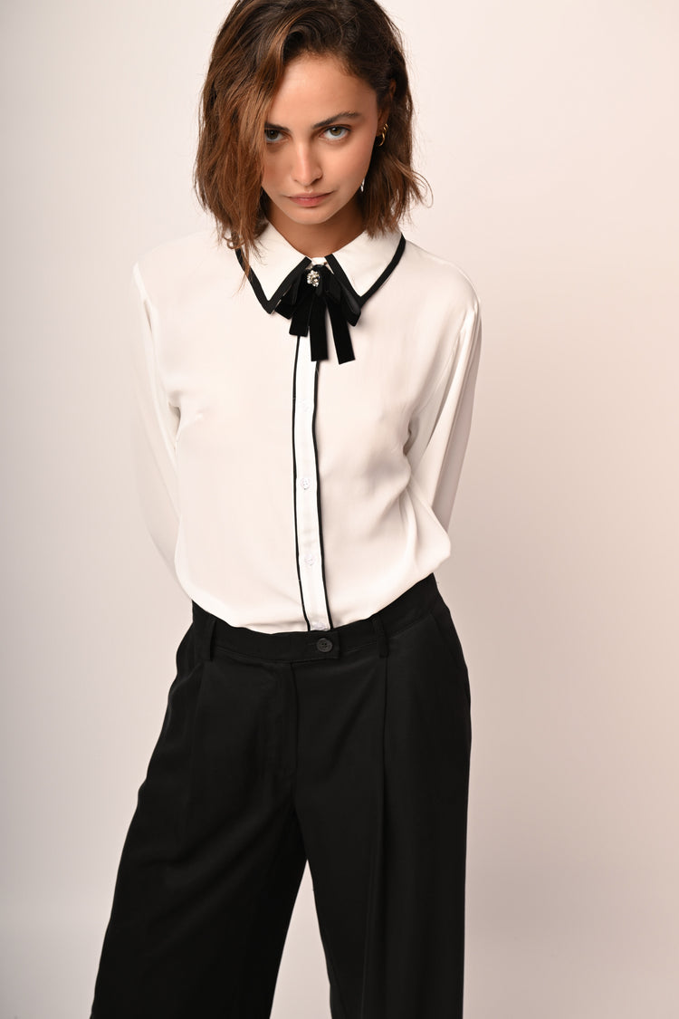 Pussy bow neck and contrast piping shirt