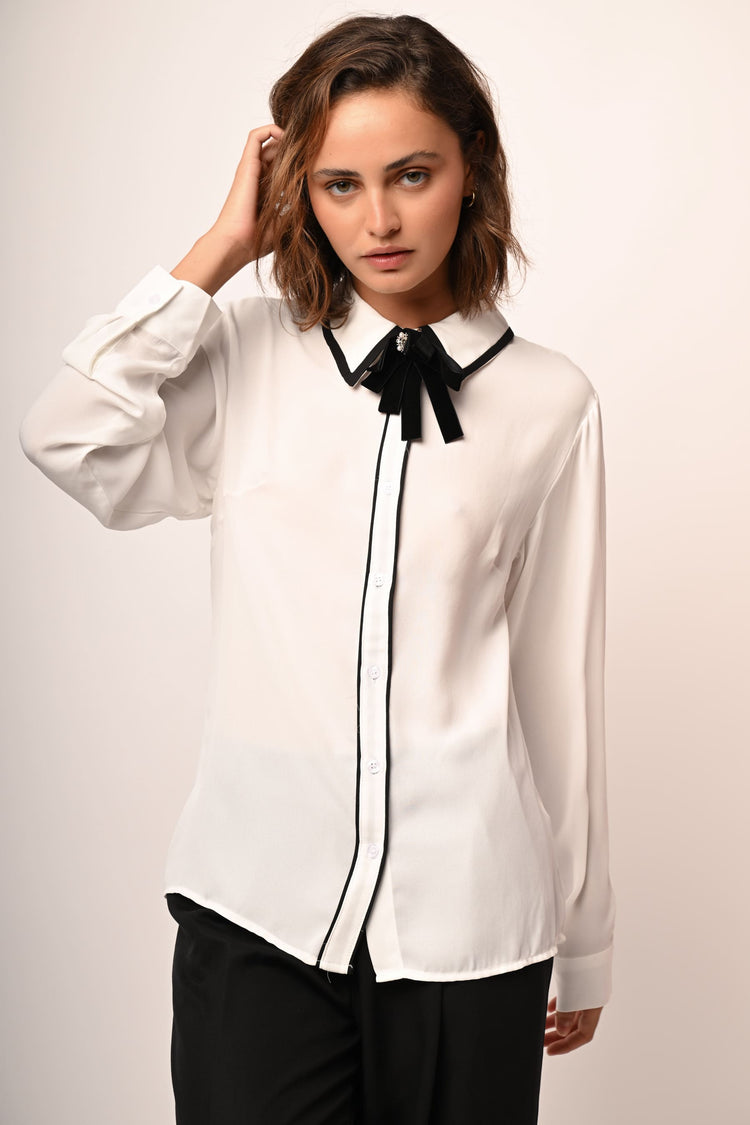 Pussy bow neck and contrast piping shirt