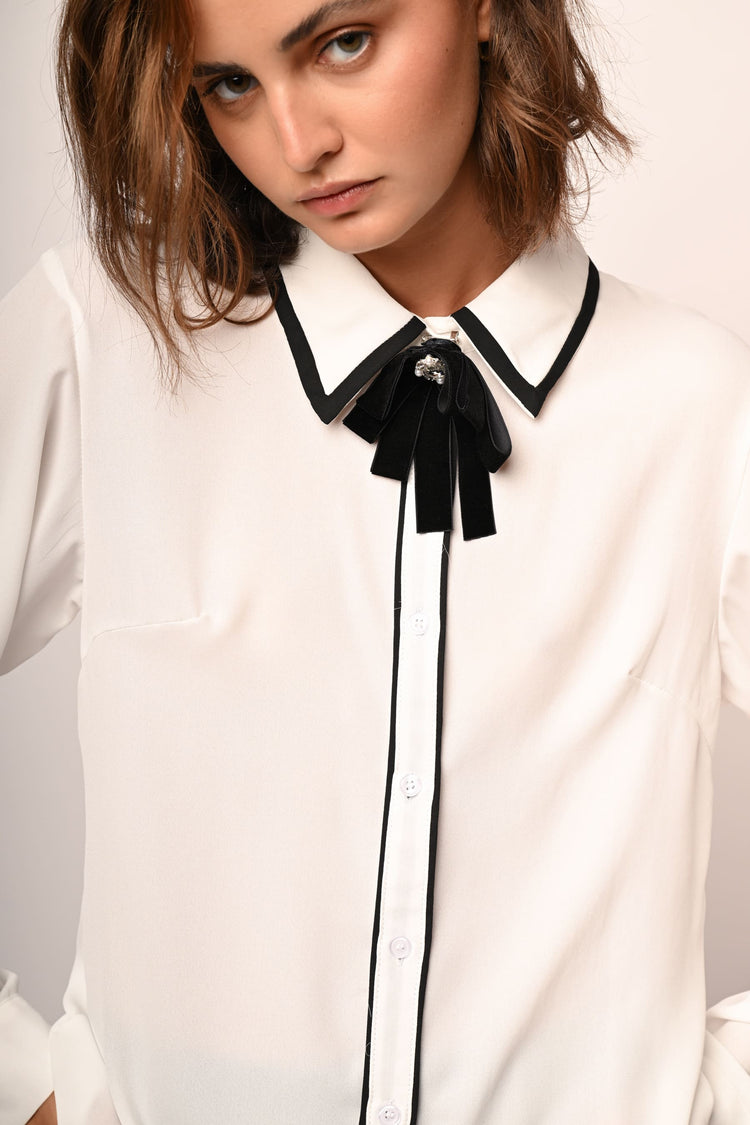 Pussy bow neck and contrast piping shirt