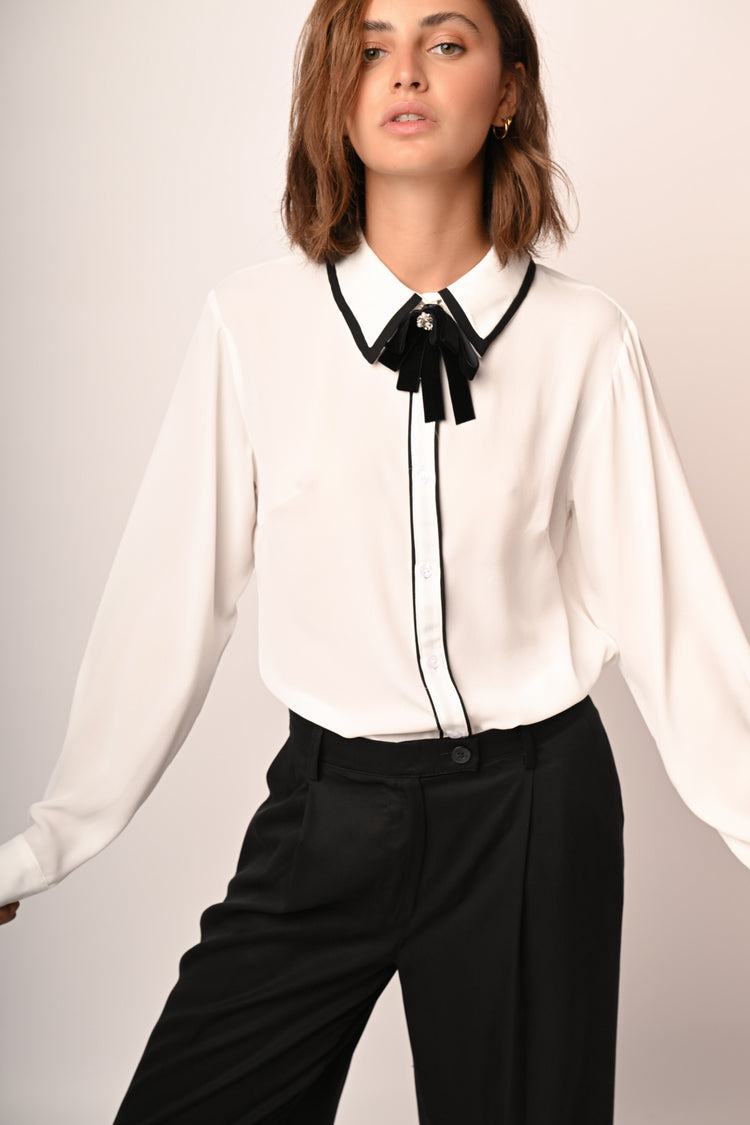 Pussy bow neck and contrast piping shirt