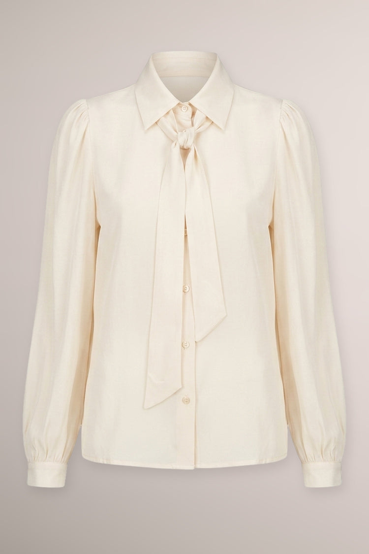 Ivory satin pussy bow neck shirt