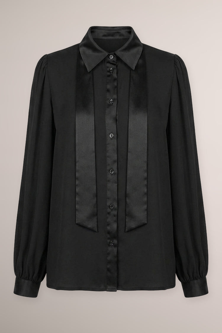 Black satin pussy bow neck shirt