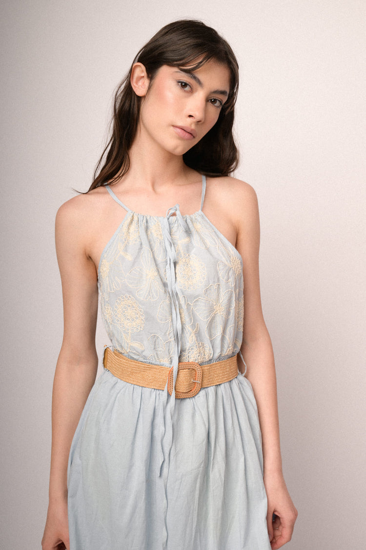 Light blue belted floral embroidery cotton maxi dress