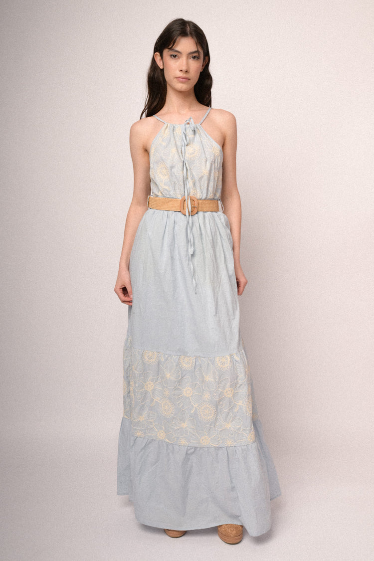 Light blue belted floral embroidery cotton maxi dress