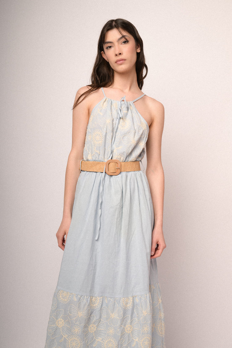 Light blue belted floral embroidery cotton maxi dress