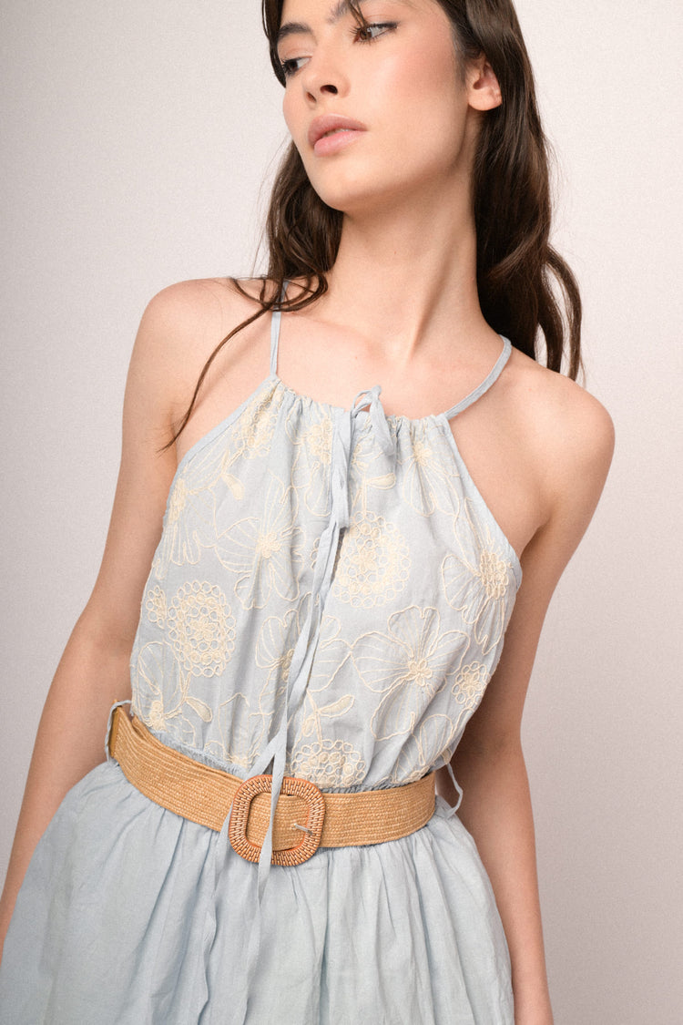 Light blue belted floral embroidery cotton maxi dress