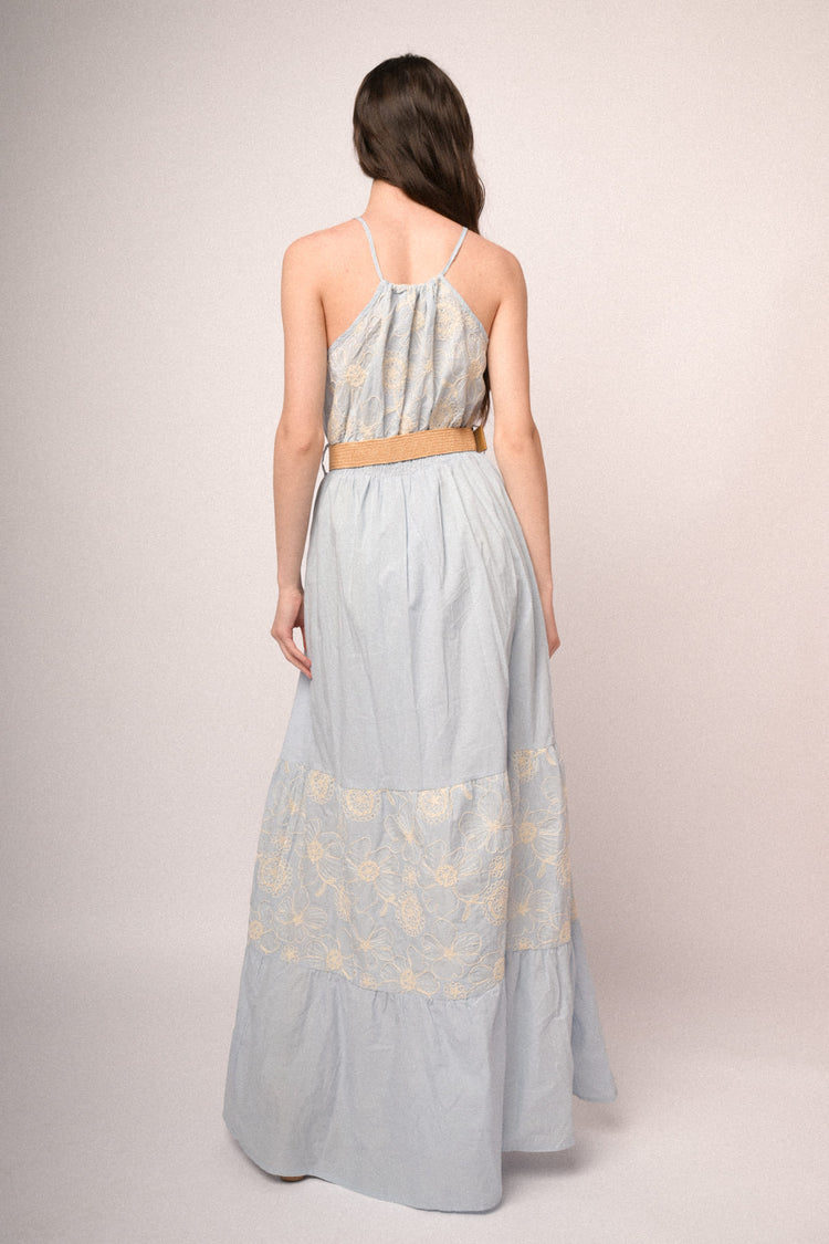 Light blue belted floral embroidery cotton maxi dress