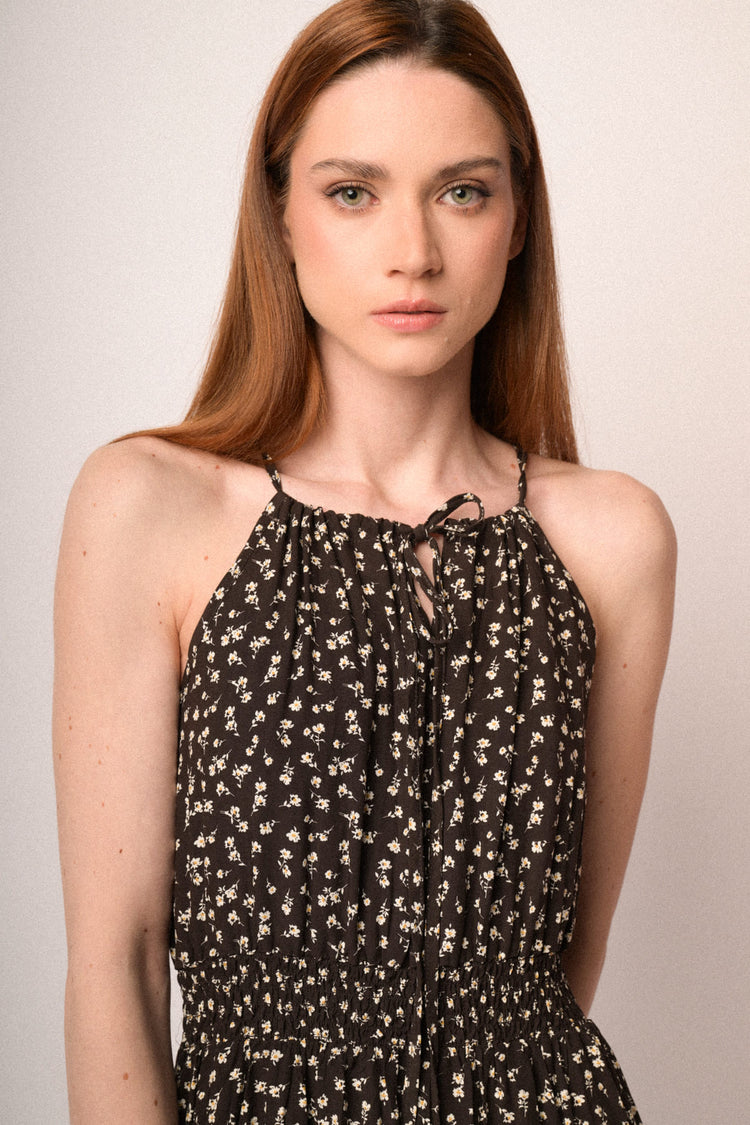 Chocolate micro-floral print viscose halter maxi dress