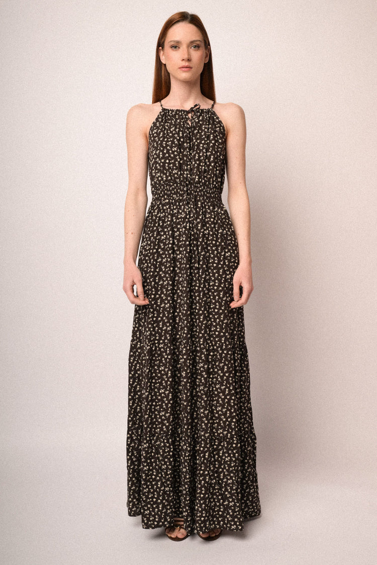 Chocolate micro-floral print viscose halter maxi dress