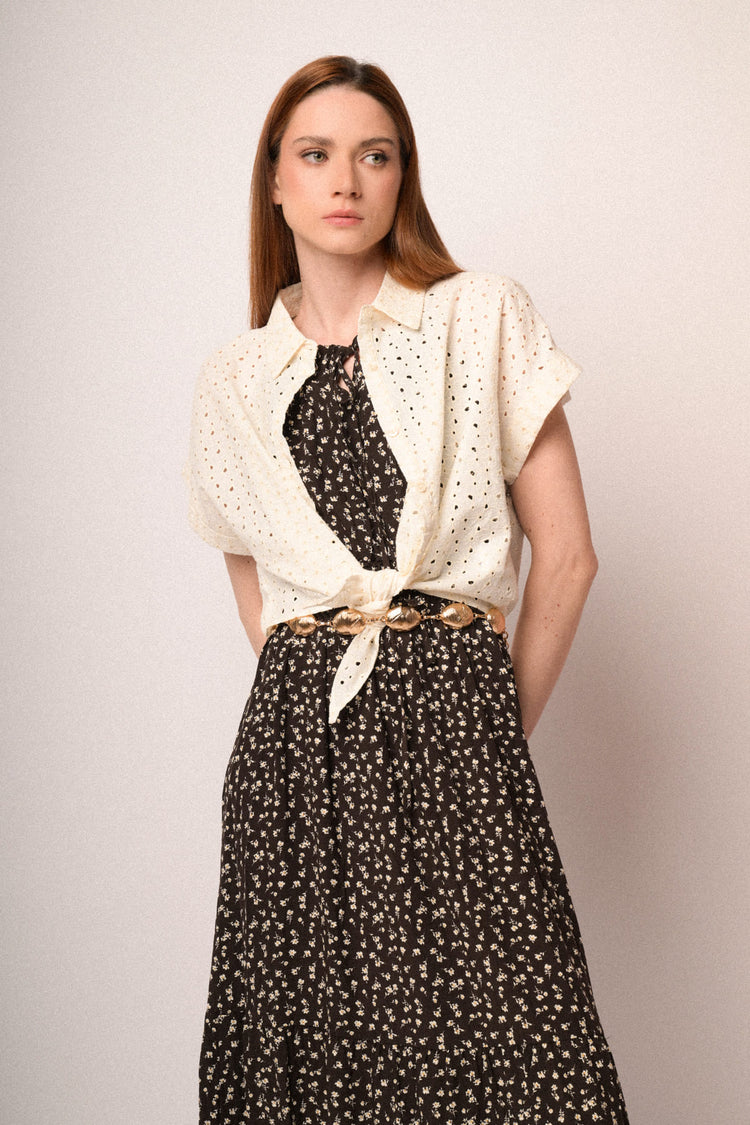 Chocolate micro-floral print viscose halter maxi dress