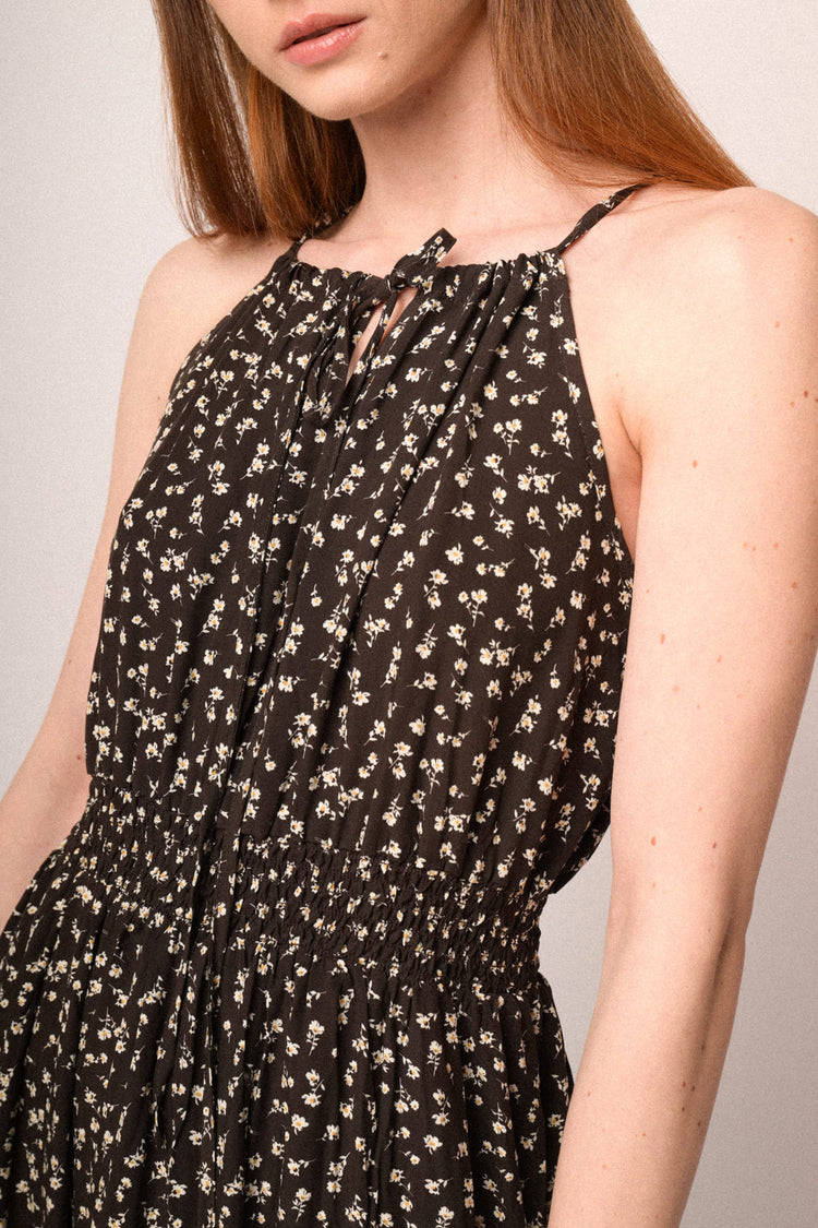 Chocolate micro-floral print viscose halter maxi dress