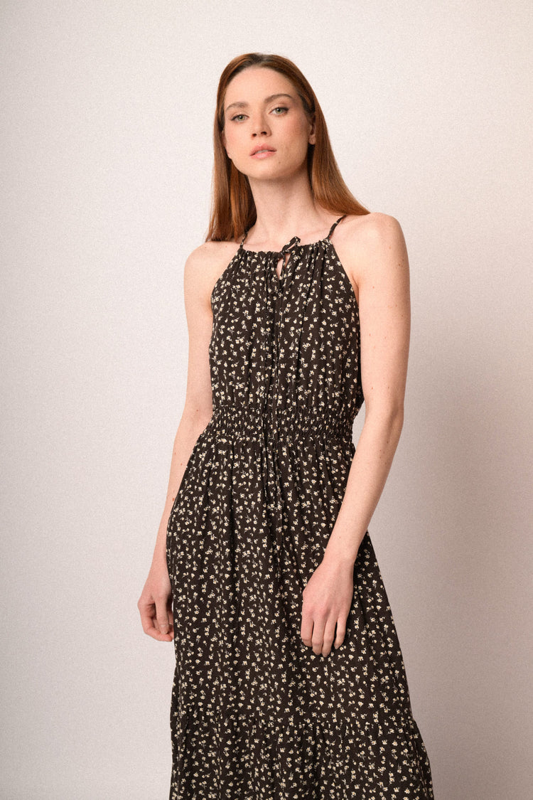 Chocolate micro-floral print viscose halter maxi dress