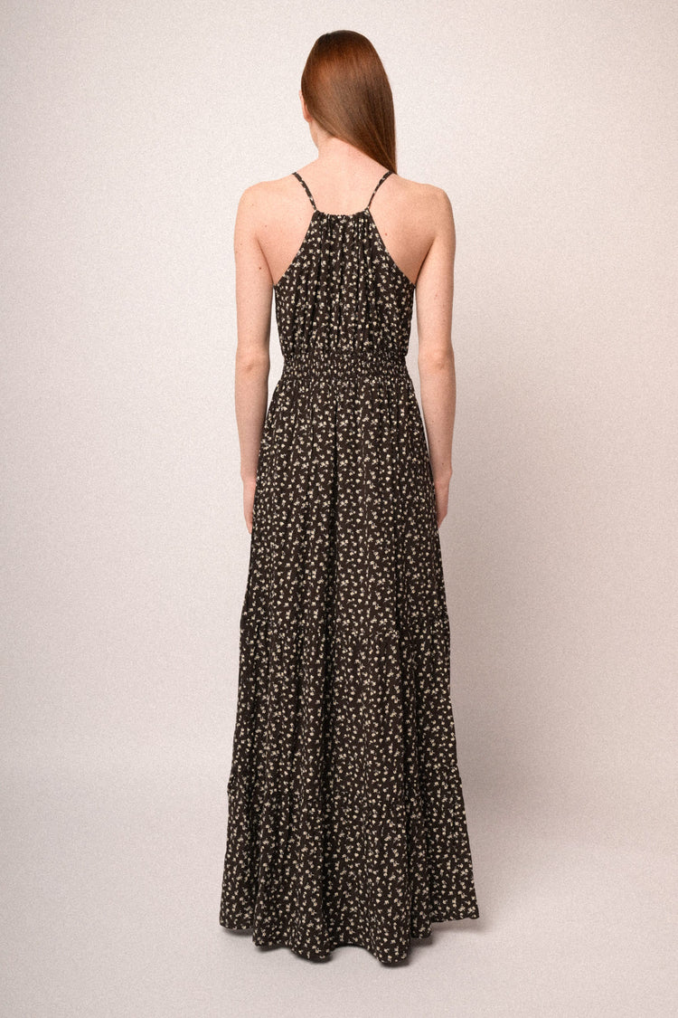Chocolate micro-floral print viscose halter maxi dress