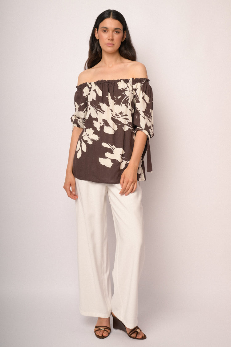 Brown and ivory floral-print viscose tunic
