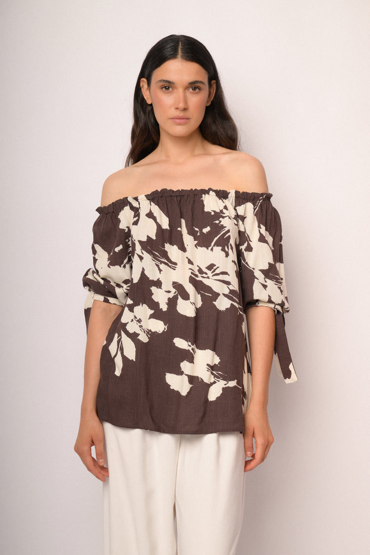 Brown and ivory floral-print viscose tunic