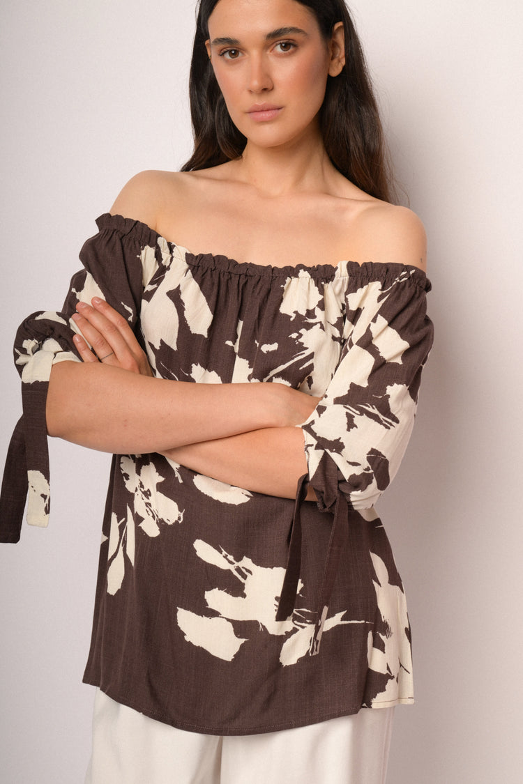 Brown and ivory floral-print viscose tunic