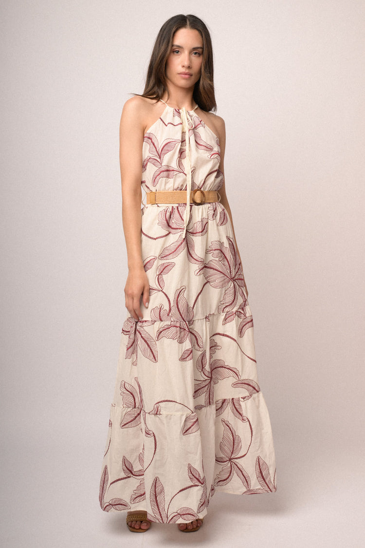 Ivory palm embroidery cotton halter maxi dress