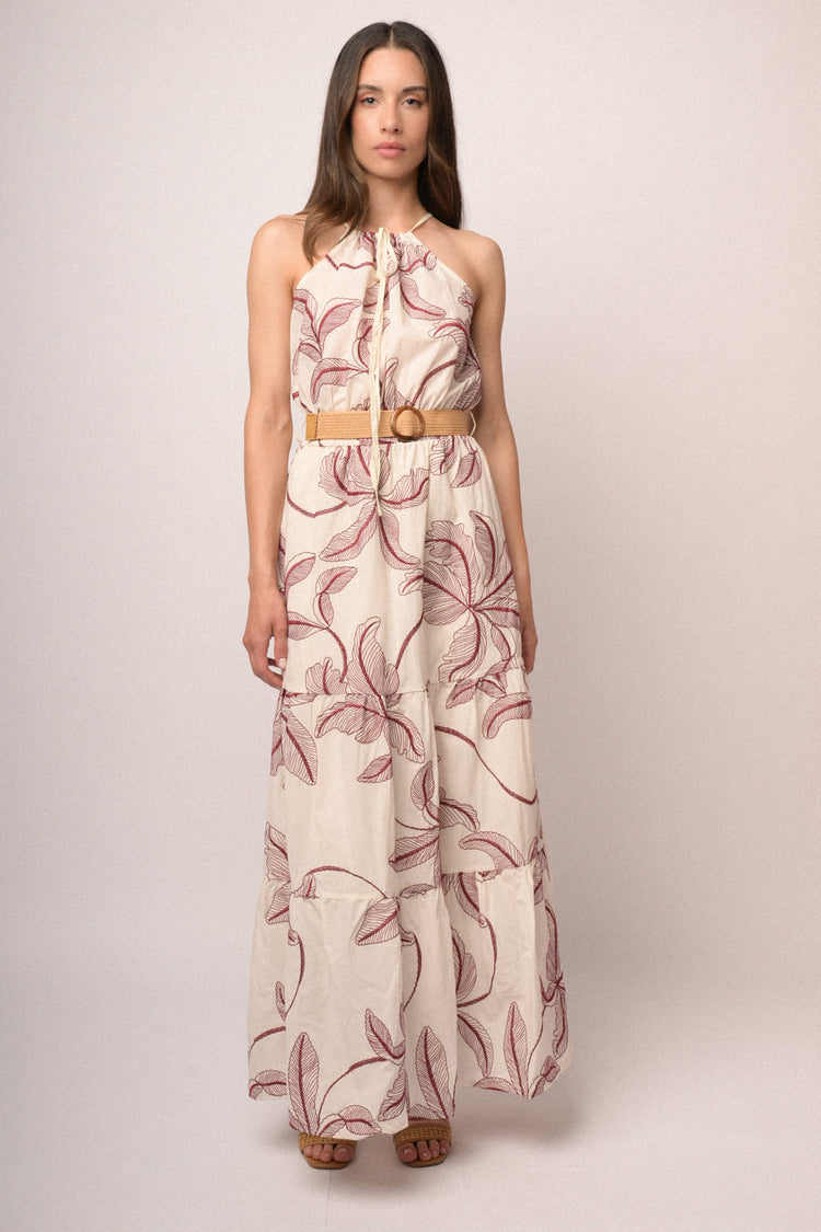 Ivory palm embroidery cotton halter maxi dress
