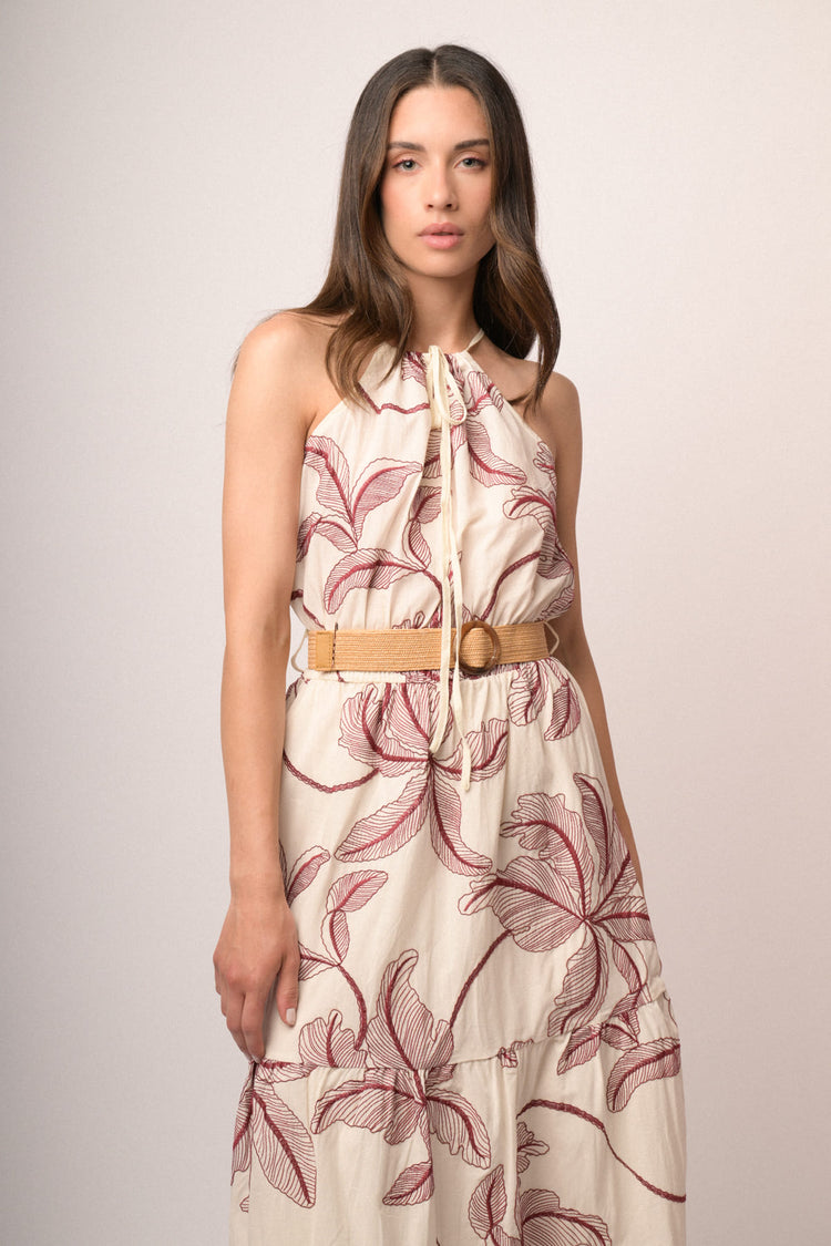 Ivory palm embroidery cotton halter maxi dress