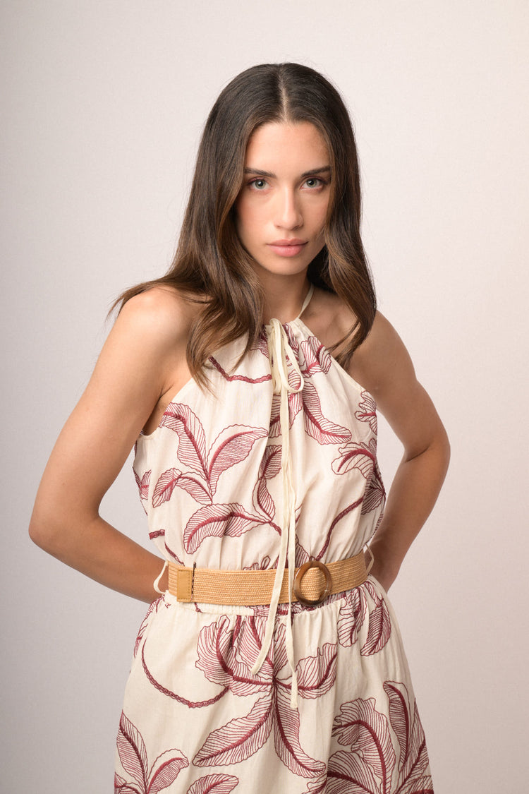 Ivory palm embroidery cotton halter maxi dress