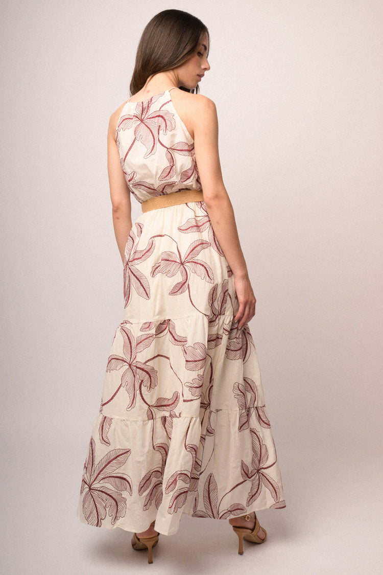 Ivory palm embroidery cotton halter maxi dress
