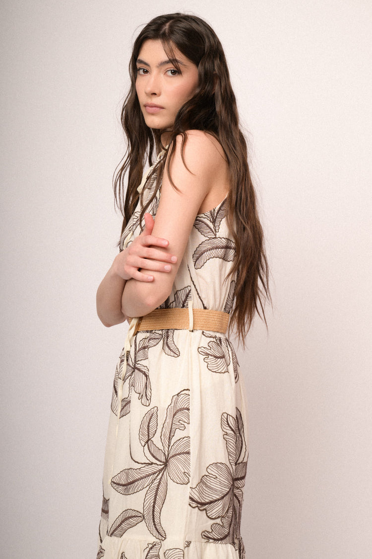 Beige long dress with palm embroidery
