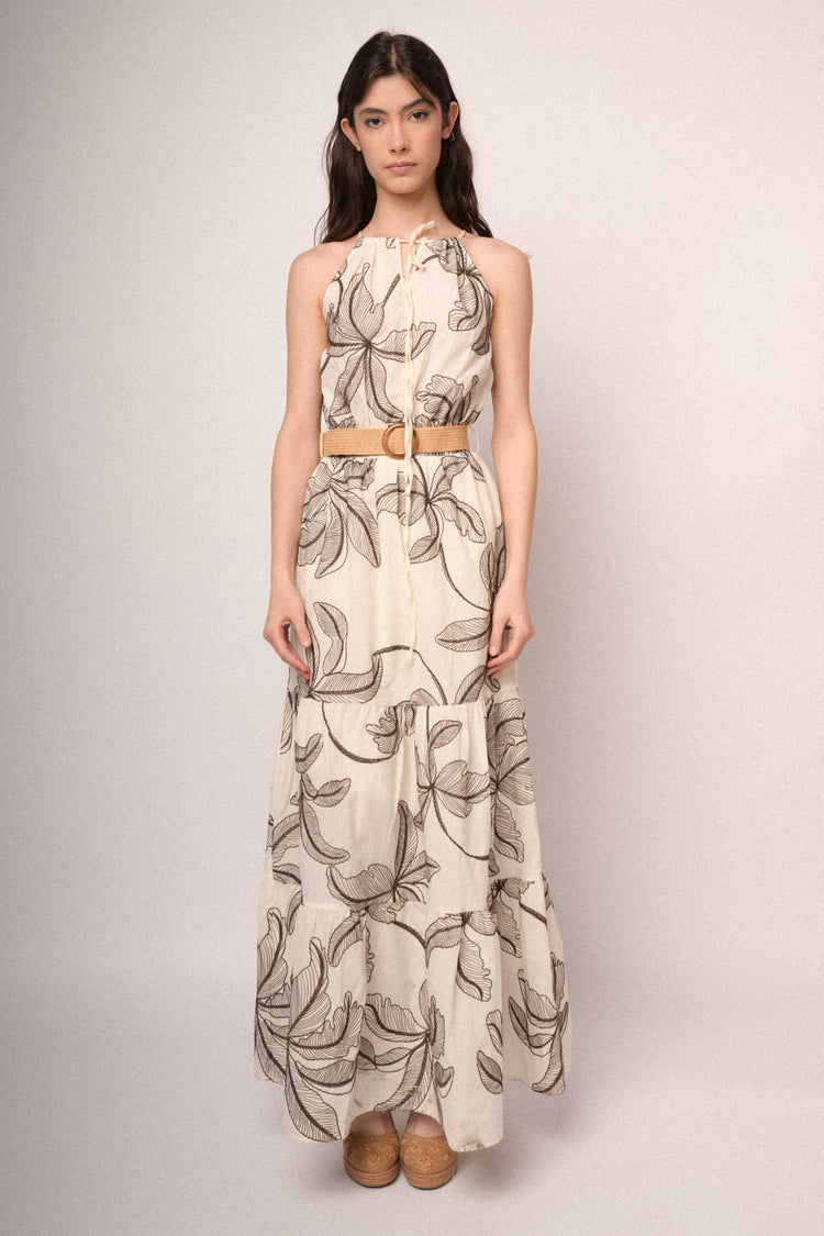 Beige long dress with palm embroidery