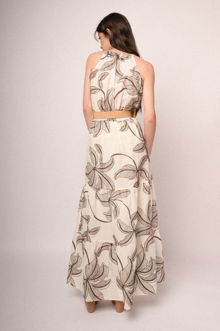 Beige long dress with palm embroidery