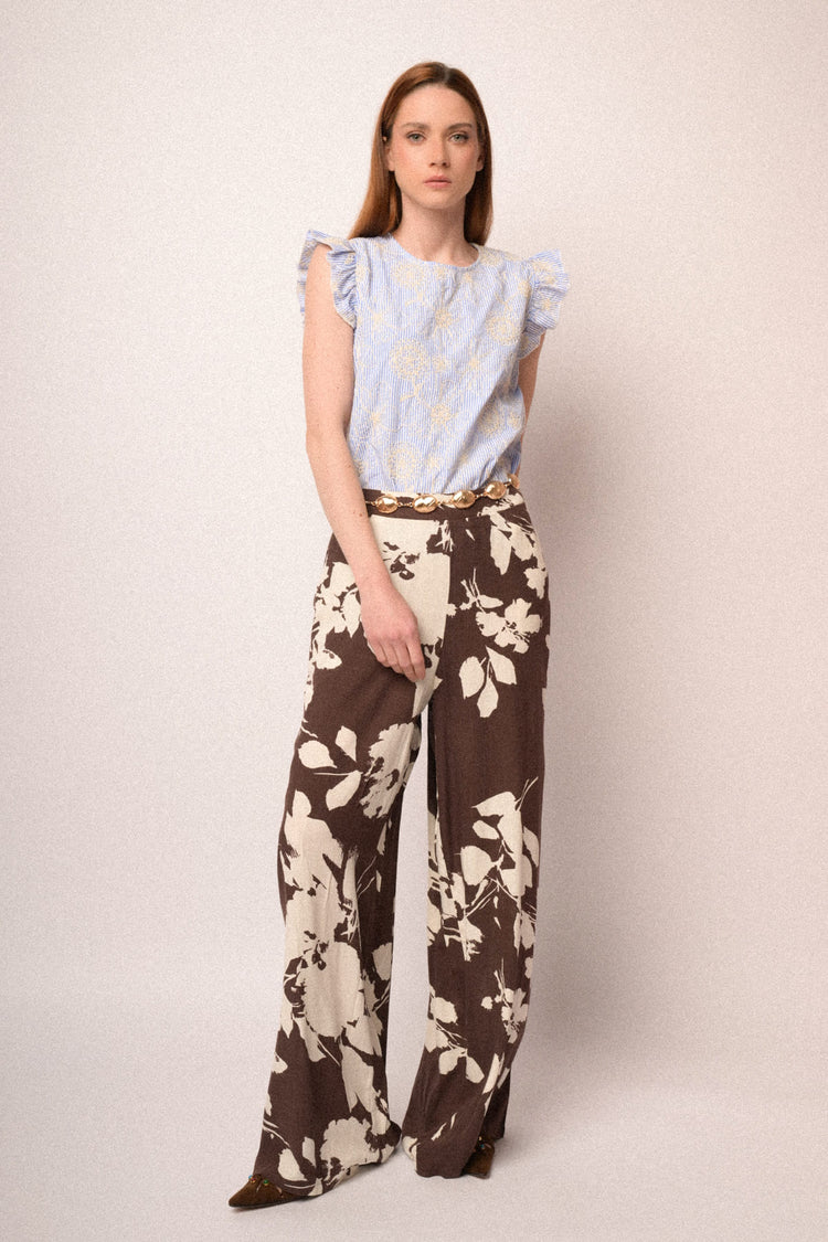 Brown floral wide-leg trousers