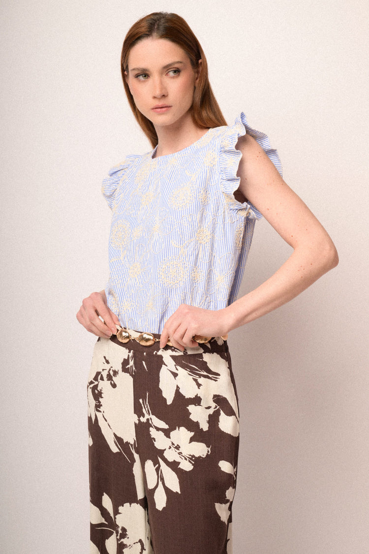 Brown floral wide-leg trousers