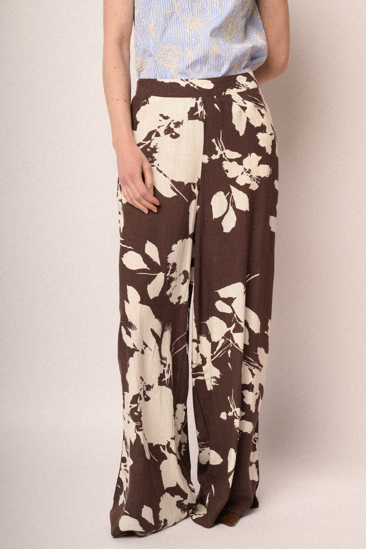 Brown floral wide-leg trousers