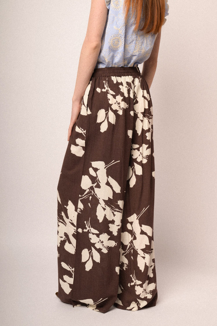Brown floral wide-leg trousers