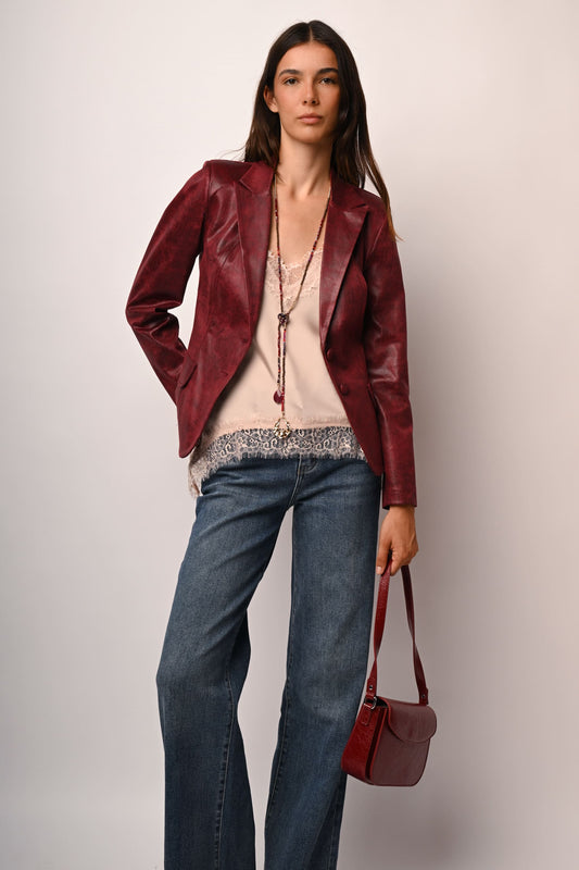 Faux leather single-breasted blazer