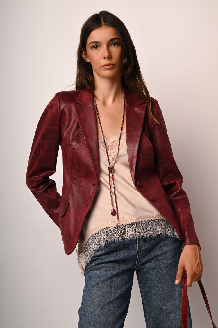 Faux leather single-breasted blazer
