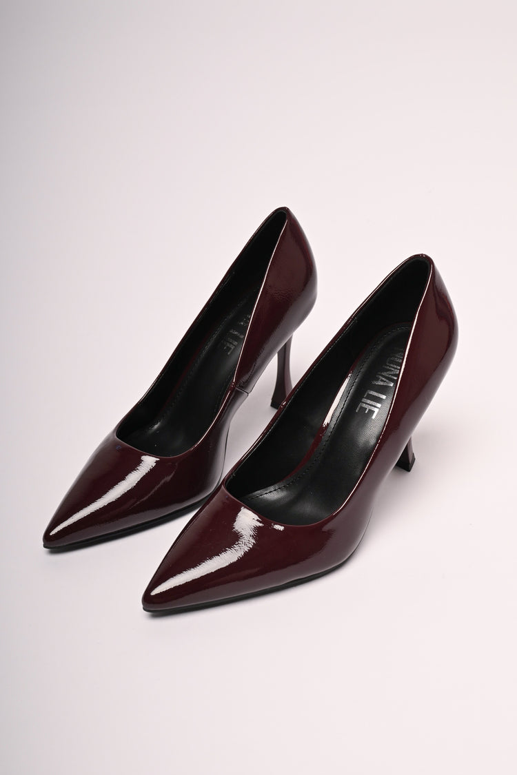Faux patent leather pumps